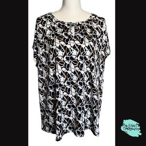 Notations Black, Brown, and White Graphic Blouse Relaxed Fit with Keyhole 1X